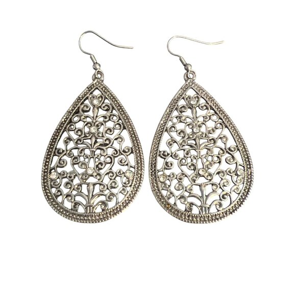 Teardrop Filigree Dangle Earrings Silver Tone Elegant Design Rhinestones Hook 3" - Picture 1 of 5